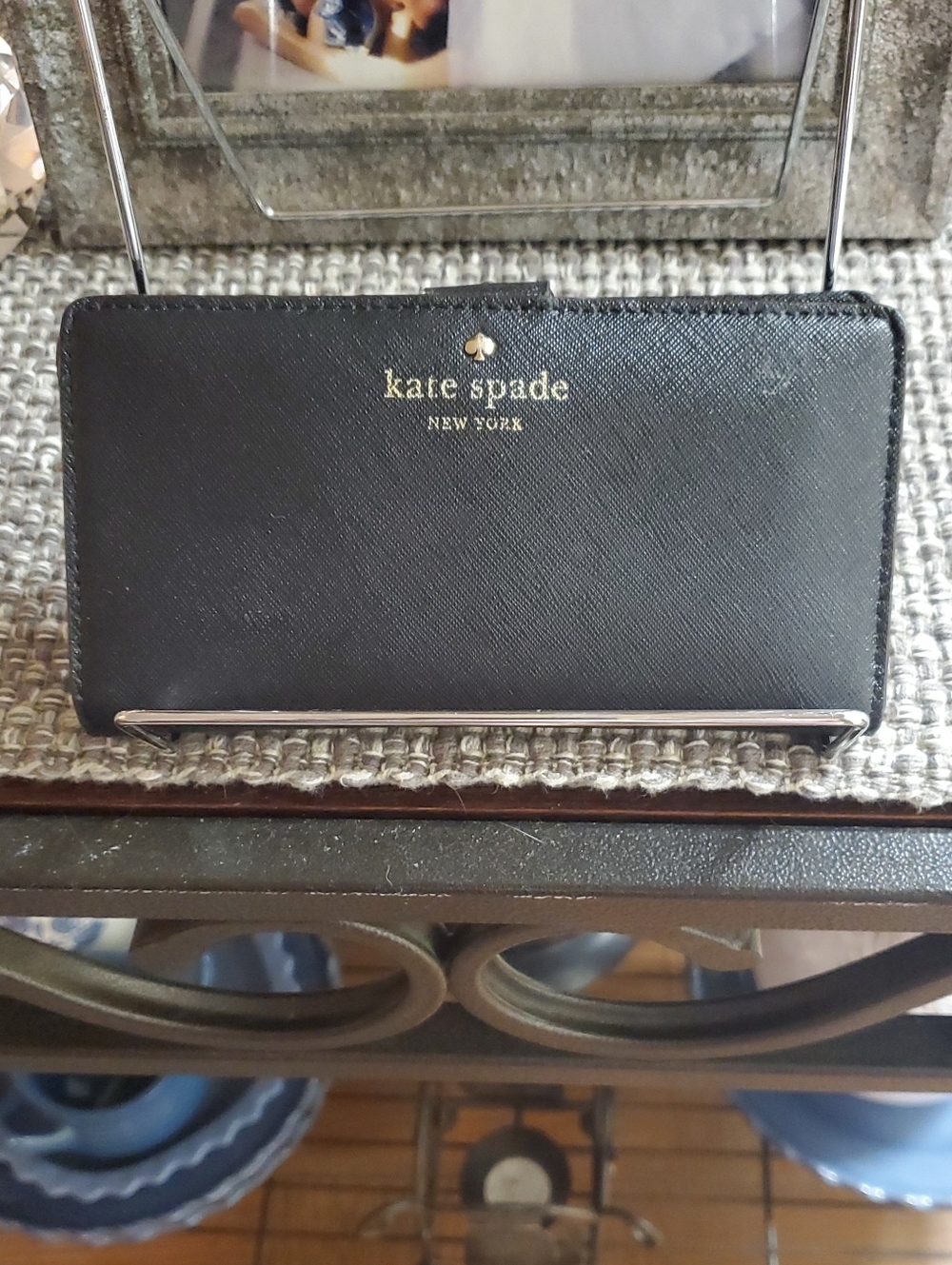 Kate spade Black Leather Zip Wallet with Gold Logo